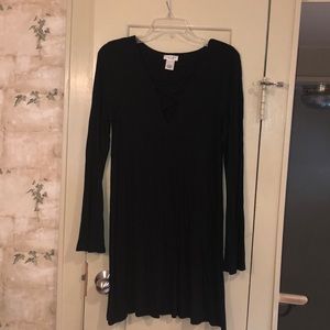 Long sleeve black soft dress with criss cross neck